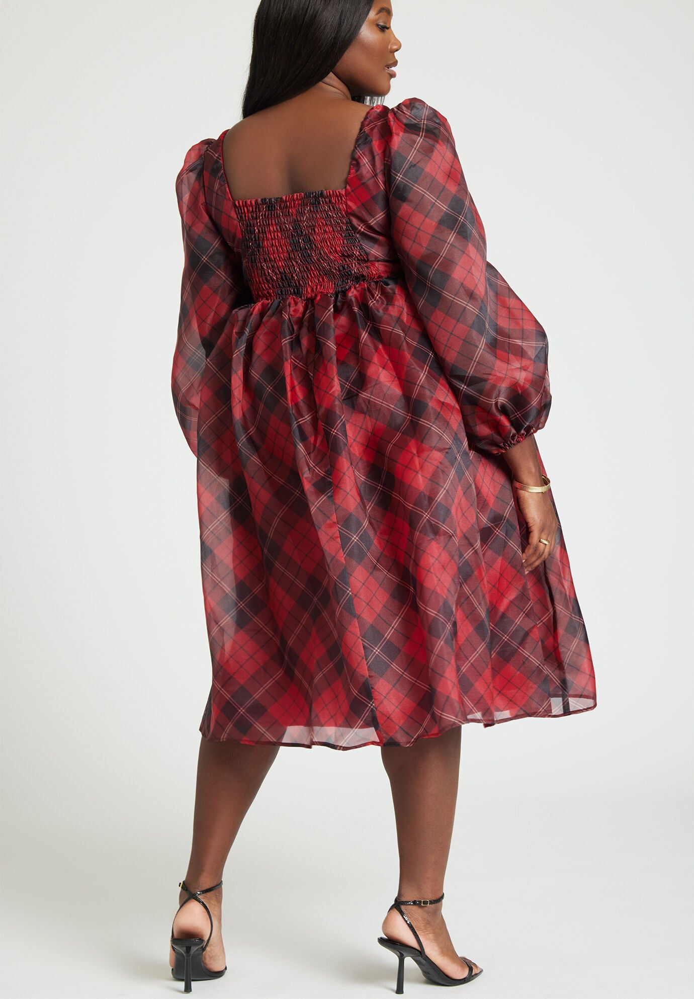 Plaid Puff Sleeve Midi Dress with Smocked Back, True Tartan | Eloquii 