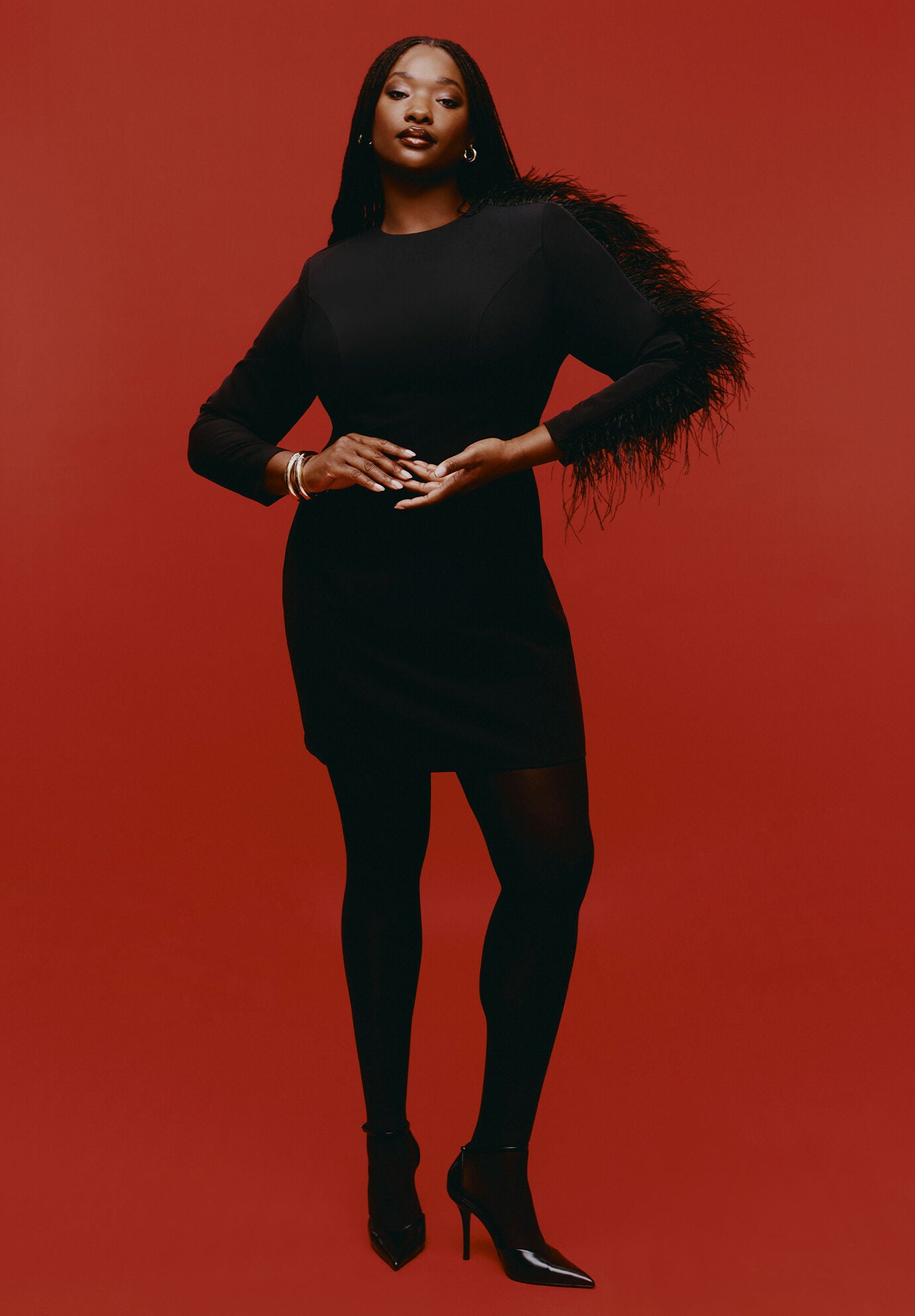  Feather Sleeve Mini Dress, BLACK ONYX, hi-res image number 0