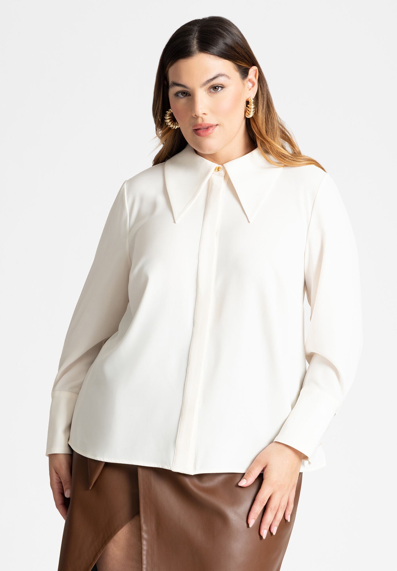 Chambray Puff Sleeve Tie Neck Top, Medium Wash | Eloquii Chambray Puff Sleeve Tie Neck Top, Medium Wash | Eloquii