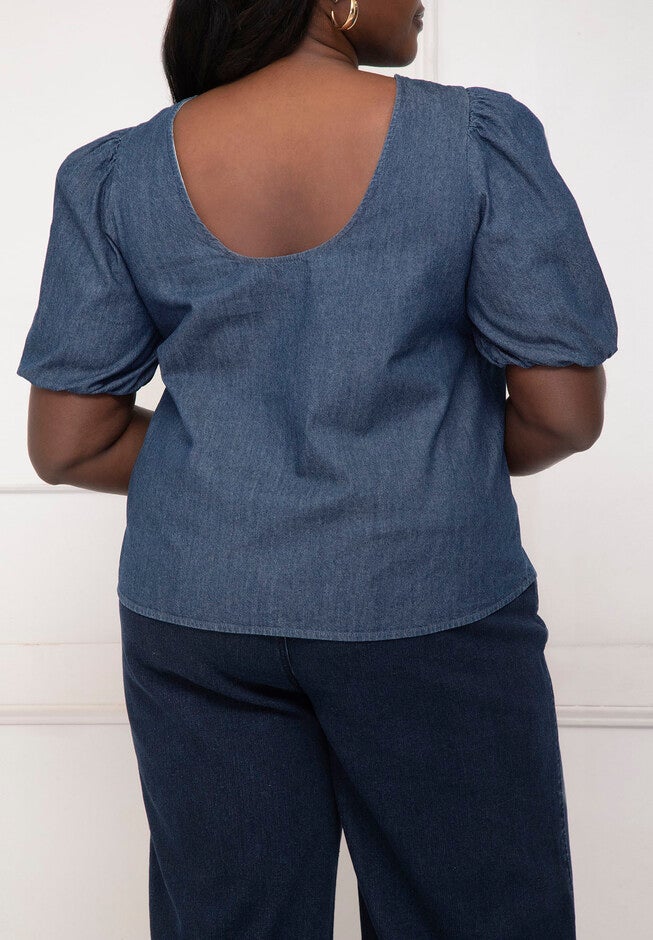 ELOQUII Elements Chambray Puff Sleeve Top With Scoop Back, , alternate image number null