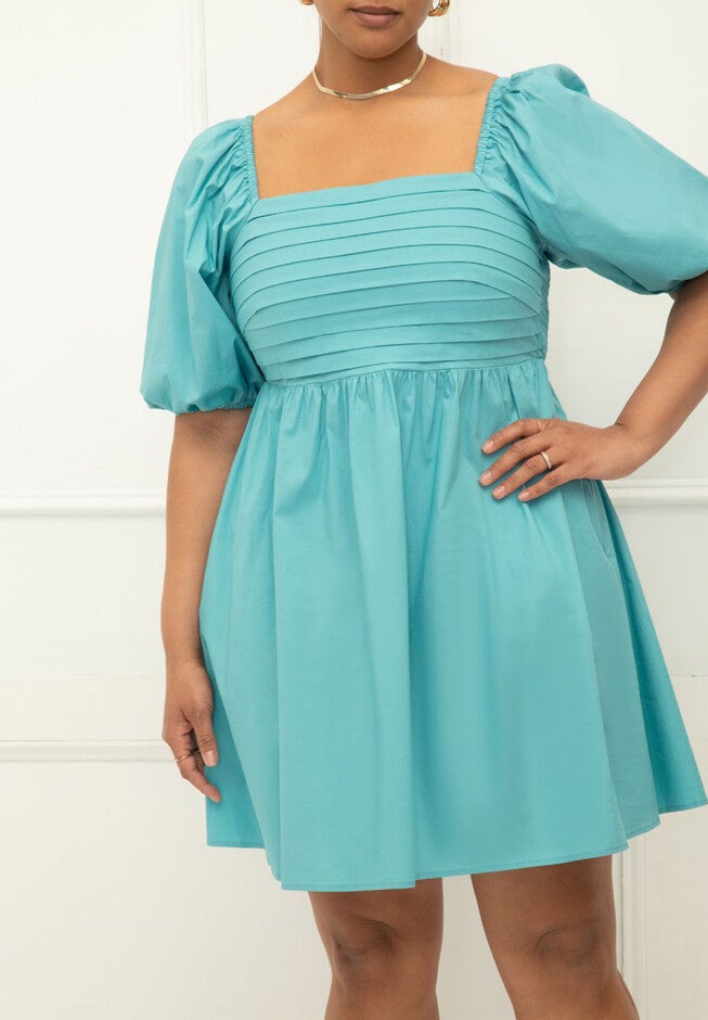 ELOQUII Elements Puff Sleeve Pleated Bodice Dress, , on-hover image number null