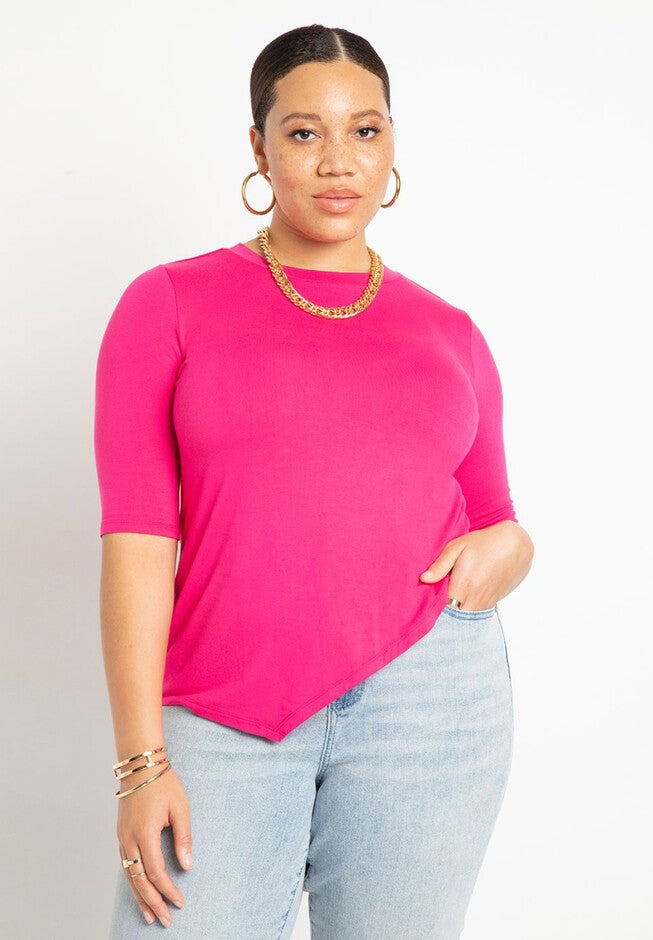 Asymmetrical Hem Elbow Sleeve Tee, PINK, hi-res image number null