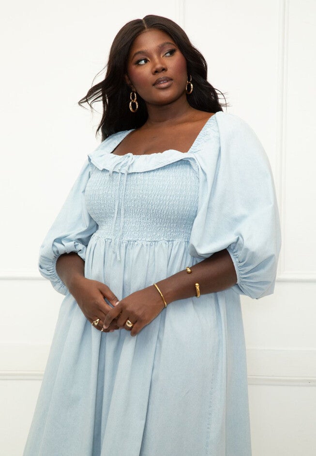 ELOQUII Elements Smocked Bodice Chambray Dress, , alternate image number null