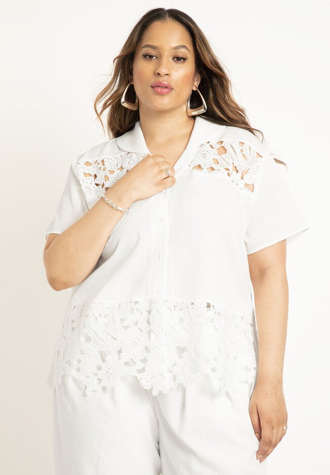 Lace Inset Short Sleeve Button Down, , alternate image number null