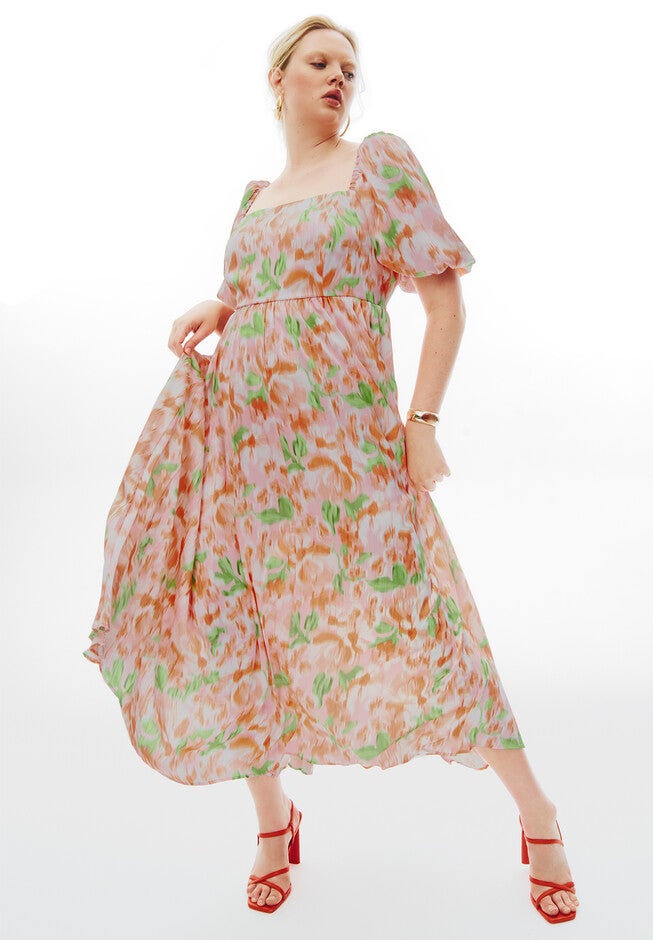 Puff Sleeve Pleated Maxi Dress, PETALS, alternate image number null