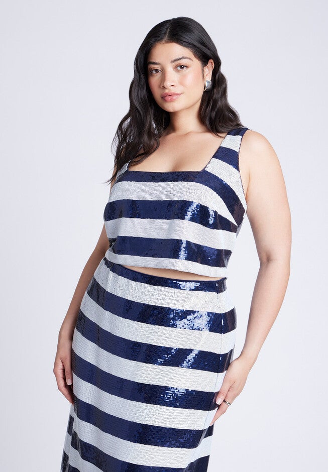Sequin Striped Crop Top, NAVY AND WHITE STRIPE, hi-res image number null