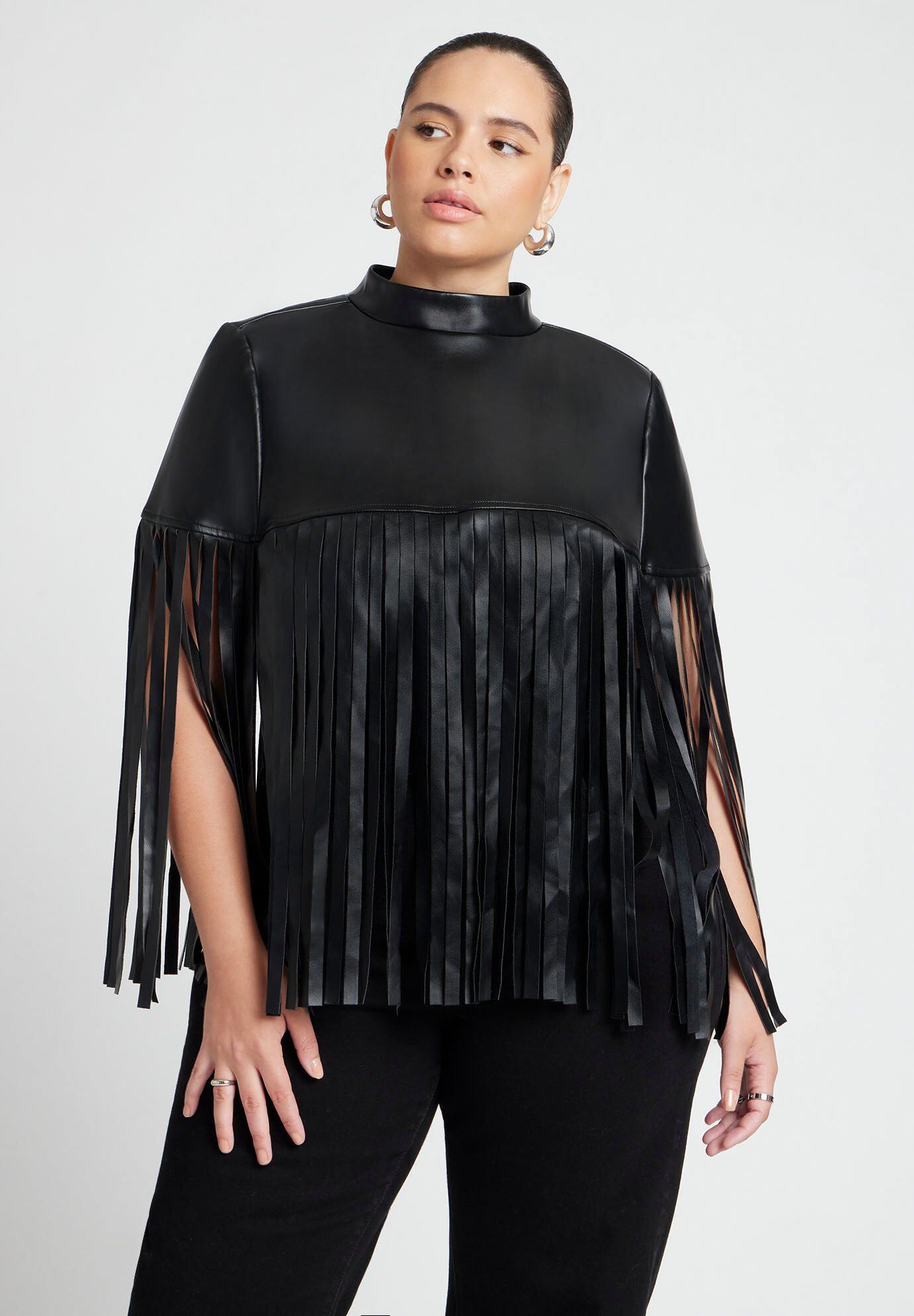 Acka】cape fringe tops Faux Leather Fringe Cape | ELOQUII