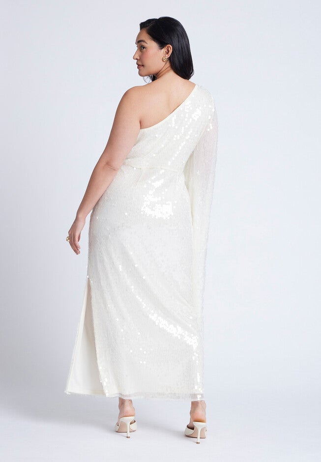 One Shoulder Dramatic Sleeve Dress, COCONUT MILK, on-hover image number null