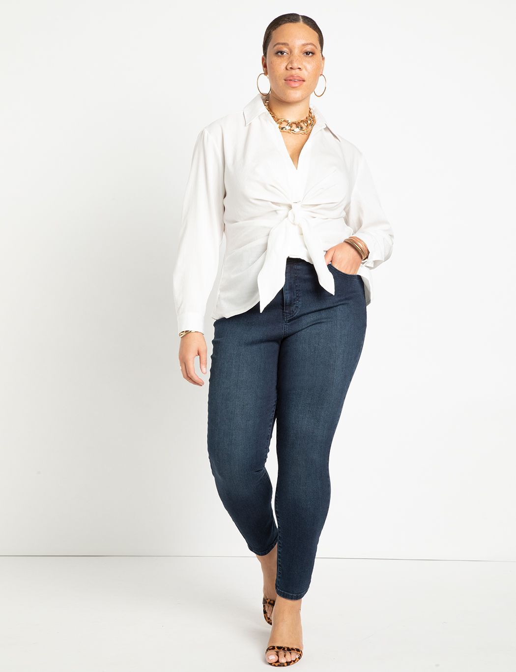 Tie Front Collared Blouse - Easy Fit Button V-neck, Soft White | Eloquii