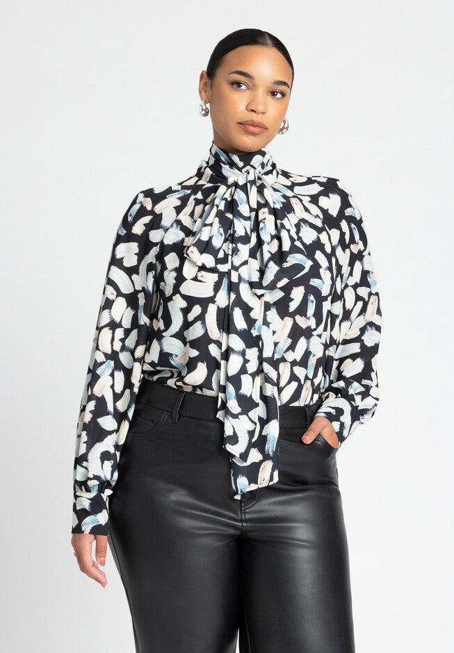 Dramatic Neck- Tie Blouse, FLORAL BRUSH STROKE, hi-res image number null