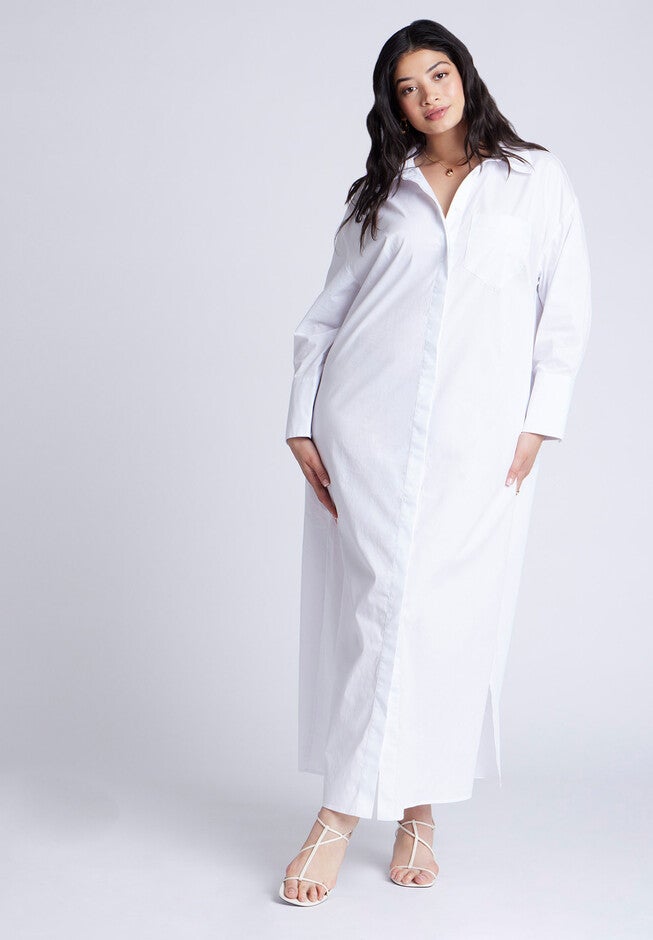 Collared Maxi Shirt Dress, BRIGHT WHITE, on-hover image number null