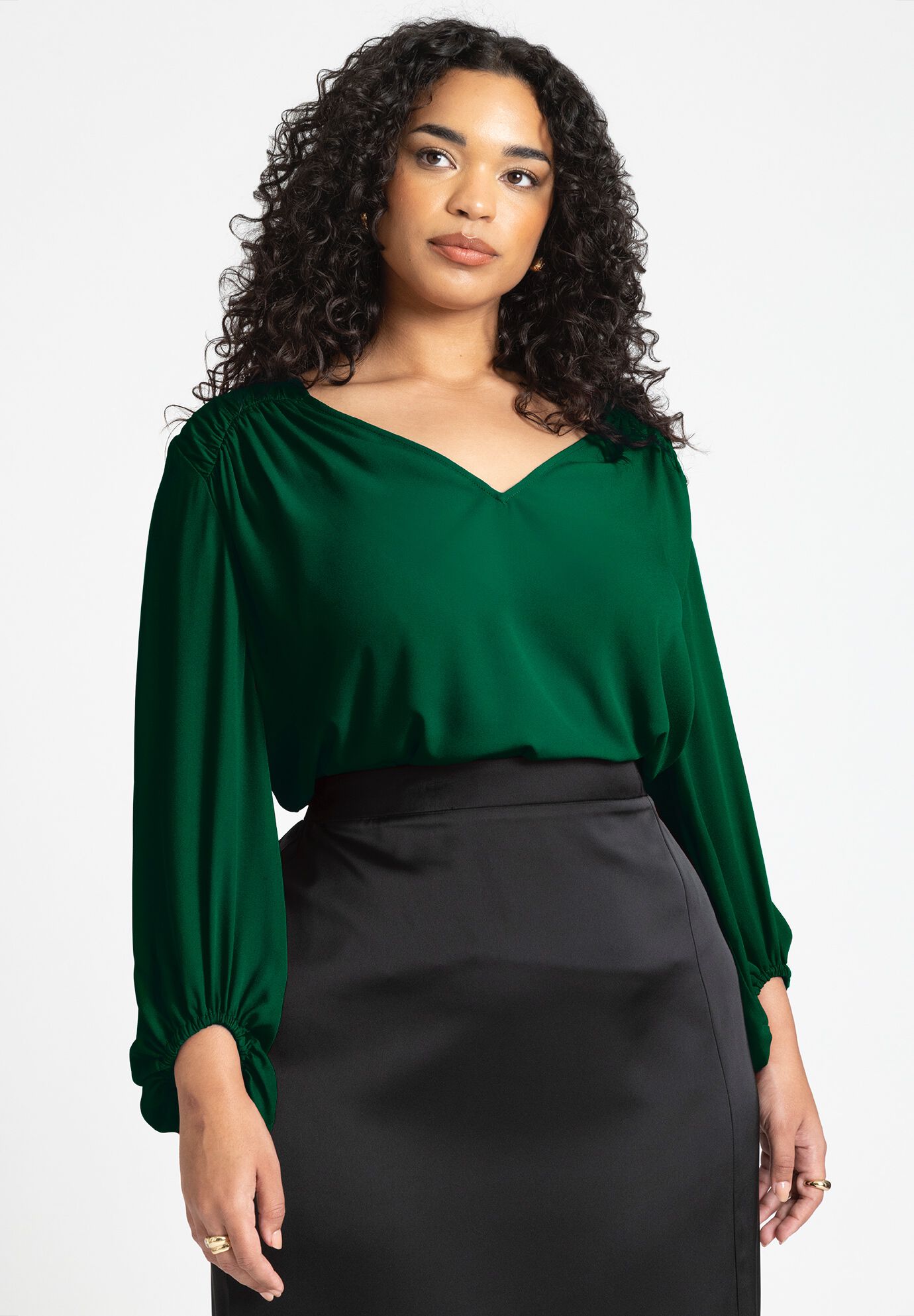 Women's Shirring Detail Blouse - V-Neck Puff Sleeve, 4474583