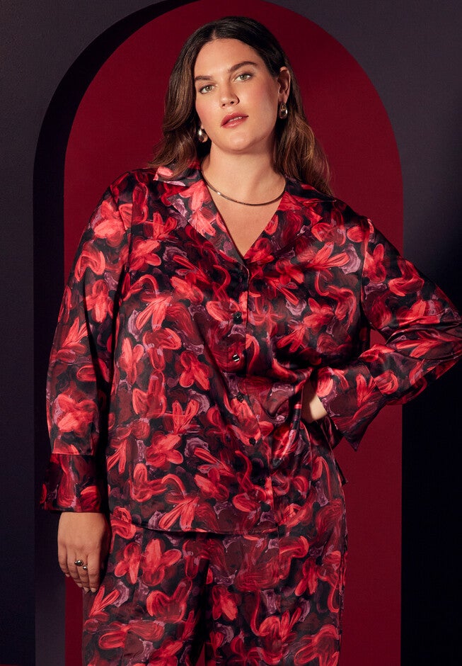 Printed Satin Button Down, HAND PAINTED BLOSSOM, hi-res image number null