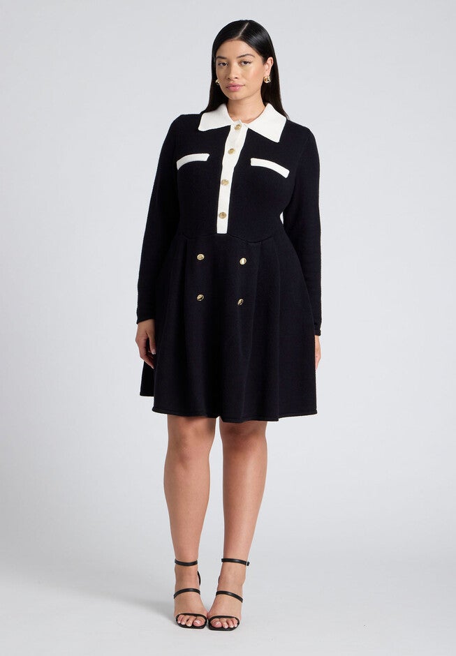 Collared Sweater Dress With Buttons, BLACK WITH WHITE, on-hover image number null