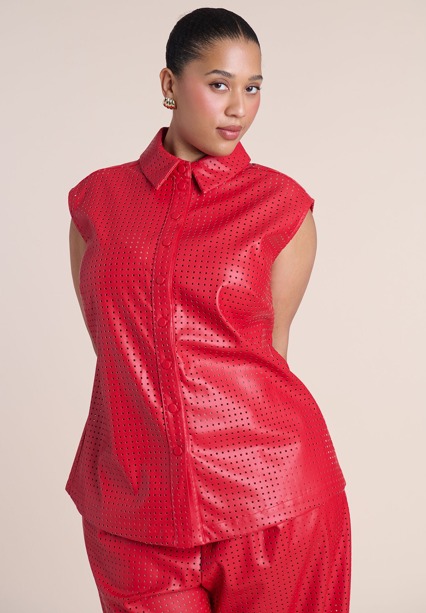 Perforated Faux Leather Tie-Waist Top