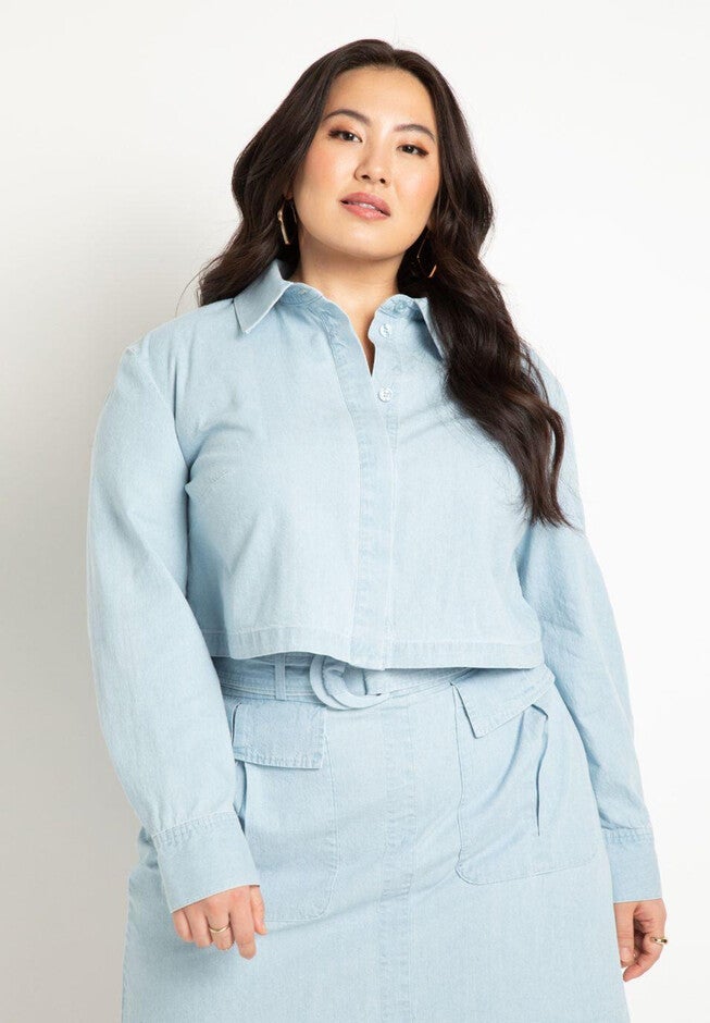 Chambray Cropped Button Down, LIGHT WASH, hi-res image number null