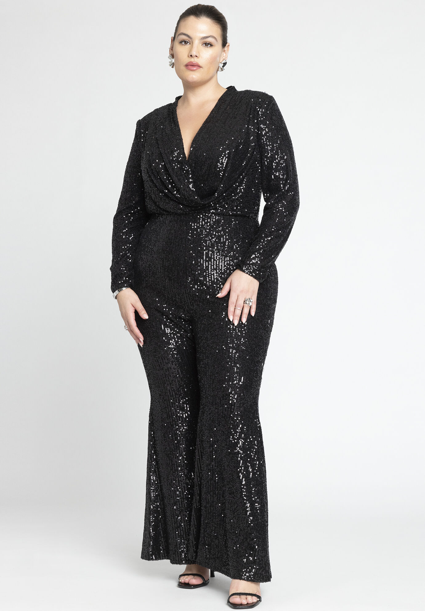 Plus Size Pocketed Draped Fitted Back Zipper Sequined Floor Length Bodycon Dress/Jumpsuit