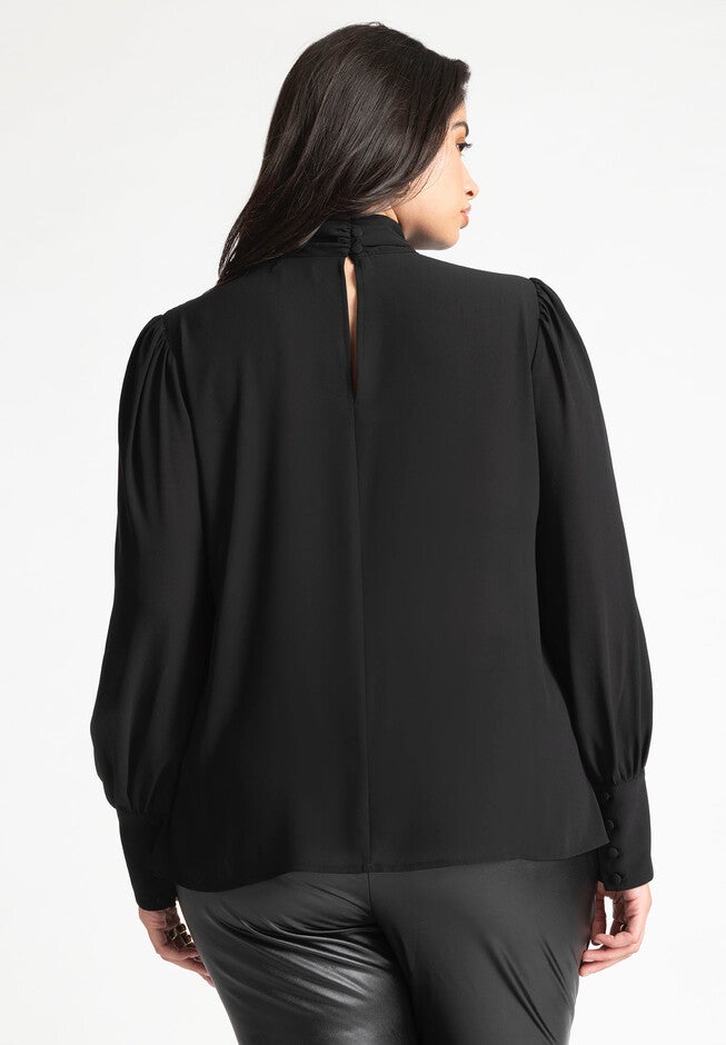 Shirred Mock Neck Blouse, BLACK ONYX, on-hover image number null