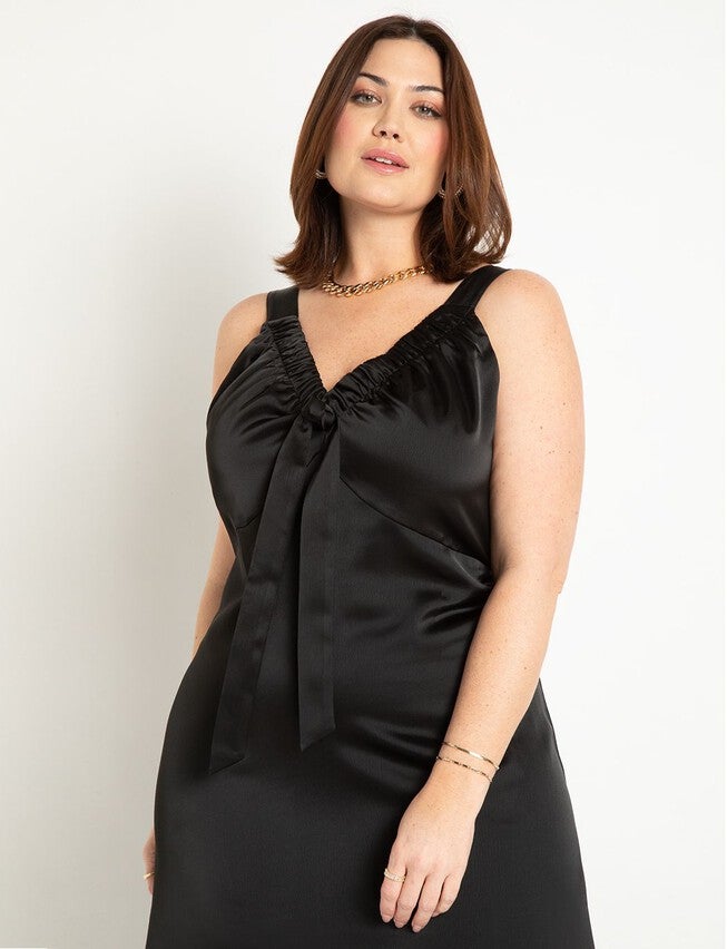 Midi Dress With Ruched Neckline, BLACK ONYX, on-hover image number null