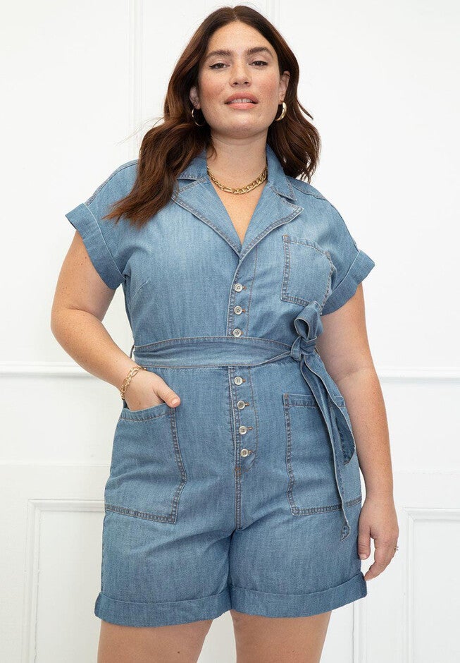 ELOQUII Elements Denim Romper, , on-hover image number null
