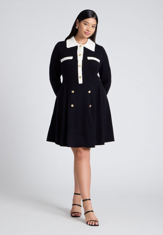 Collared Sweater Dress With Buttons, BLACK WITH WHITE, hi-res image number null