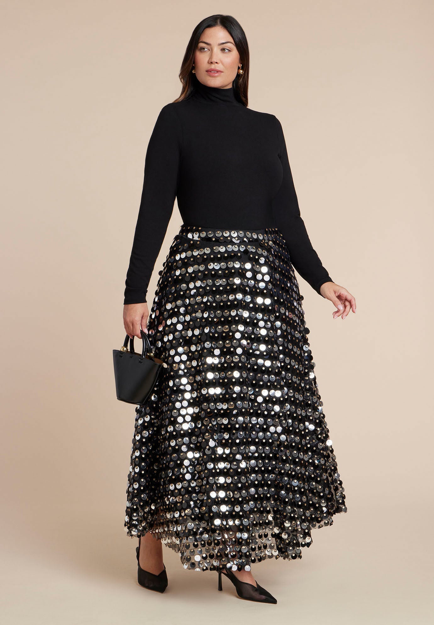 Sequin Paillette Full Skirt, BLACK AND GOLD, hi-res image number 0