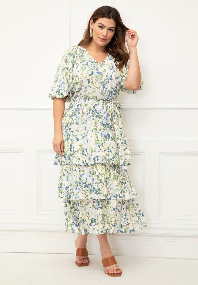 ELOQUII Elements Tiered Midi Dress With Tie, , on-hover image number null