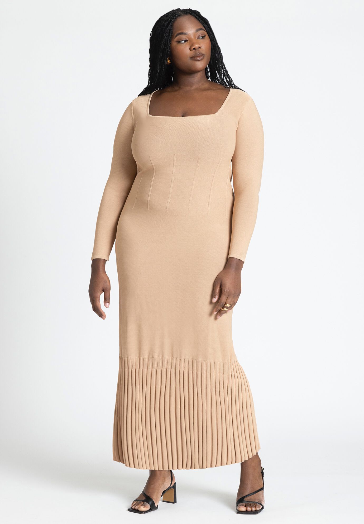 Plus Size Fitted Pleated Sweater Long Sleeves Bodycon Dress/Maxi Dress