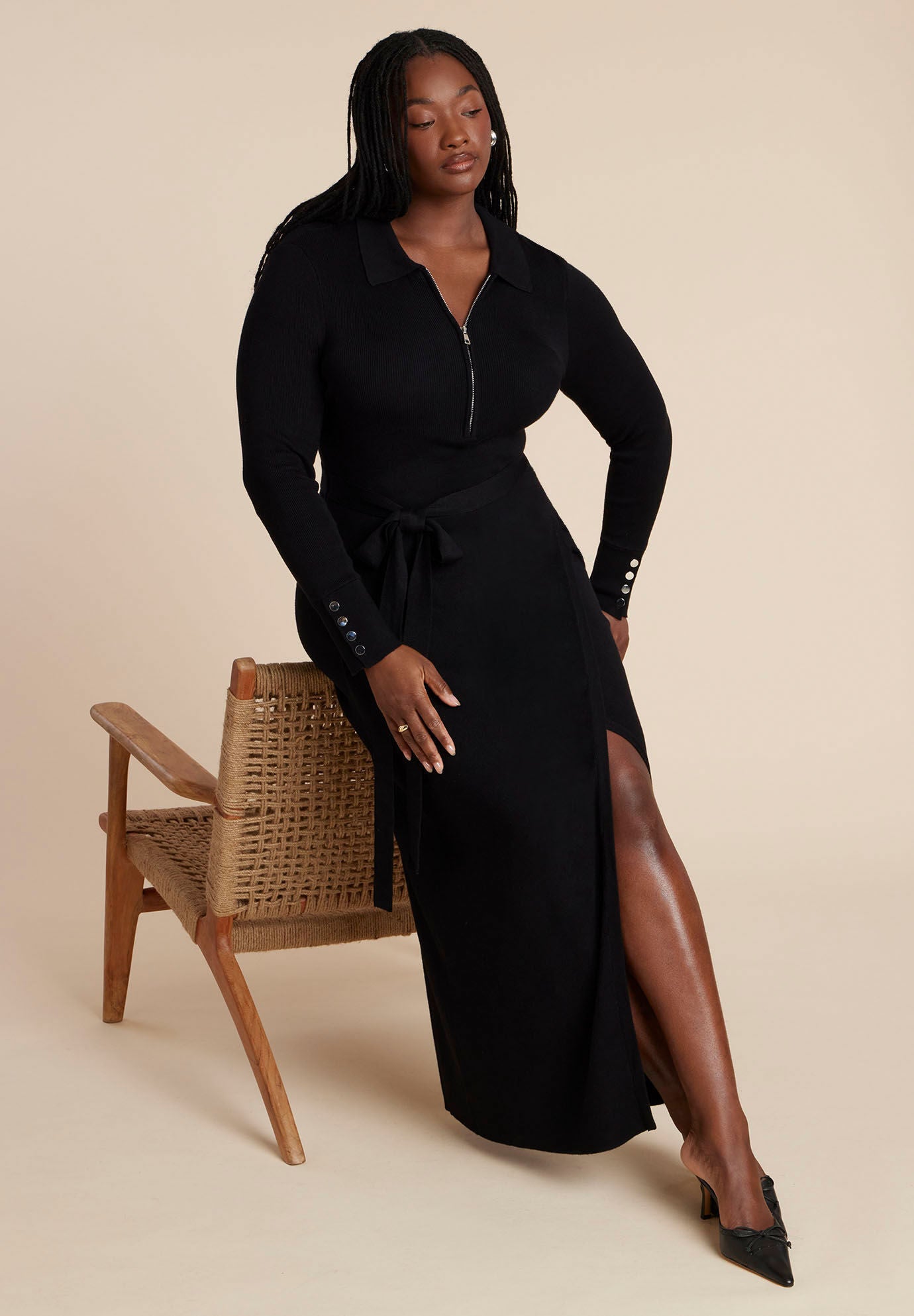 Zipper & Tie Sweater Dress, BLACK ONYX, alternate image number 3