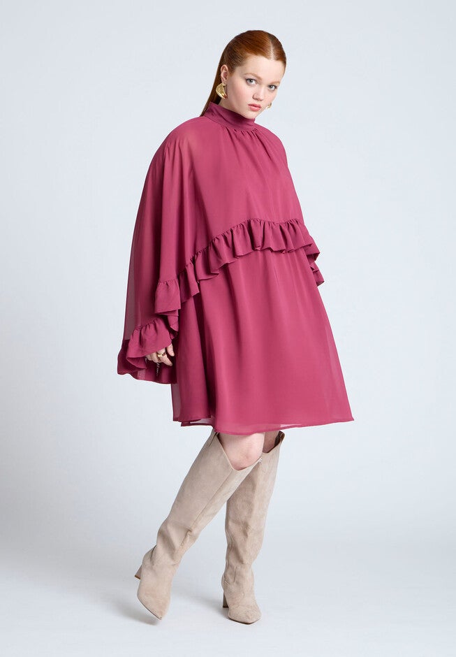 Cape Ruffle Mini Dress, BURGUNDY, hi-res image number null