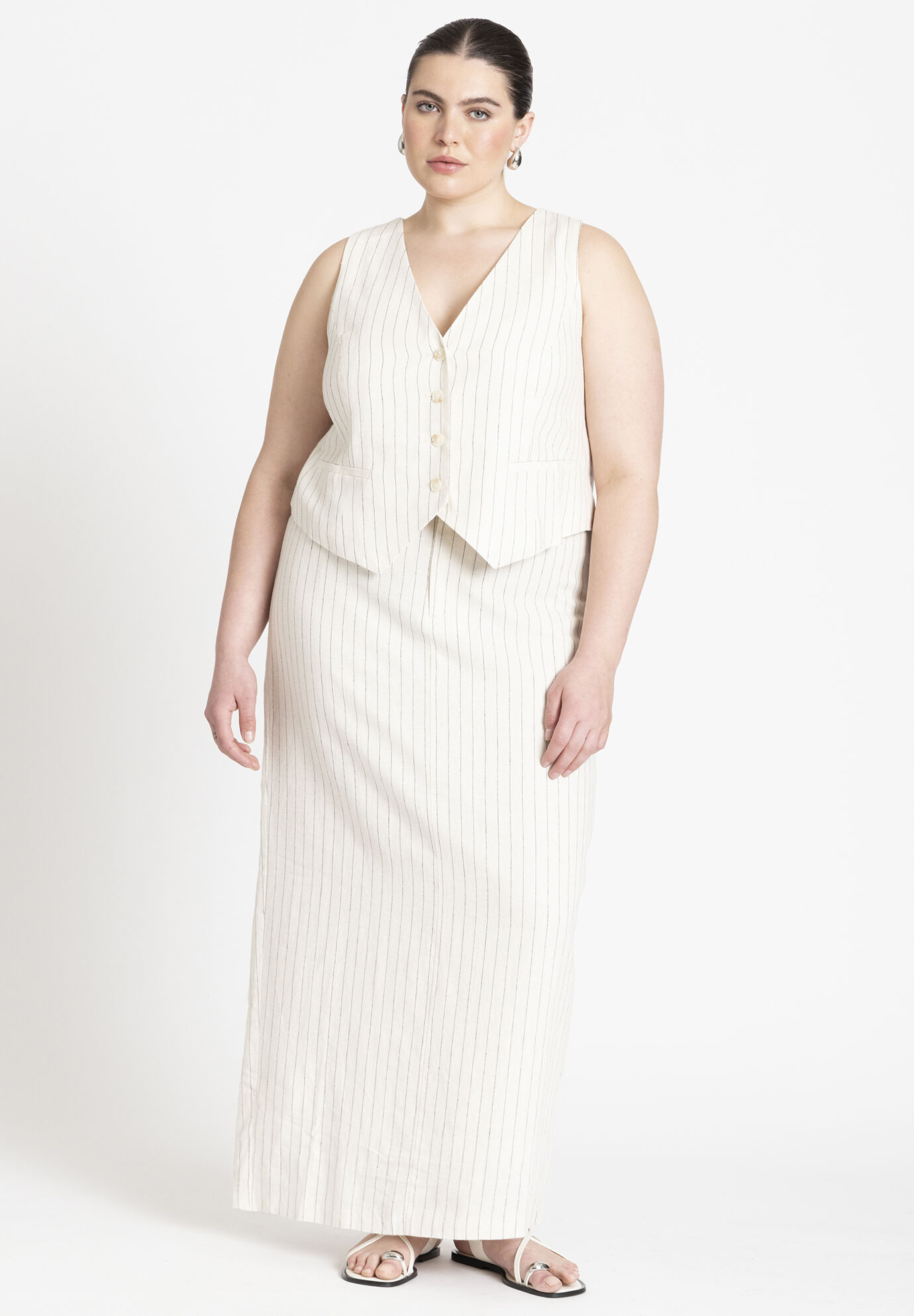 Women Striped Linen Maxi Column Skirt By ( Size 24 )