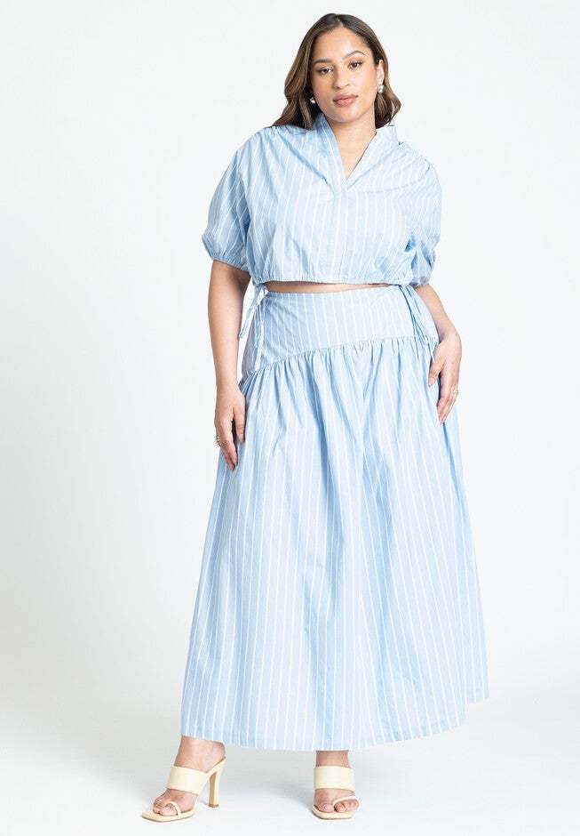 Striped Poplin Skirt With Yoke, BLUE WHITE STRIPE, hi-res image number null