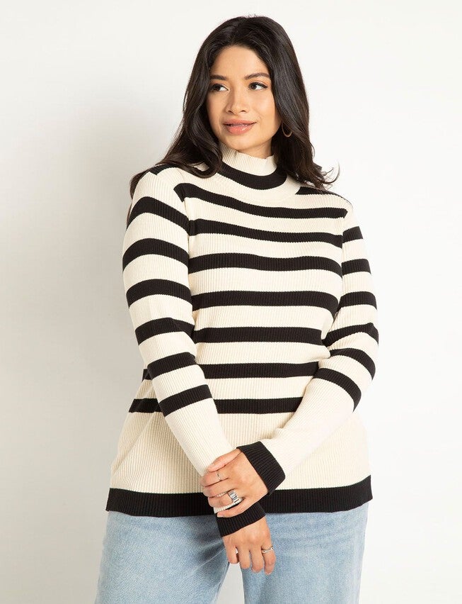 Striped Mock Neck Sweater, BLACK ONYX AND BUTTE, hi-res image number null