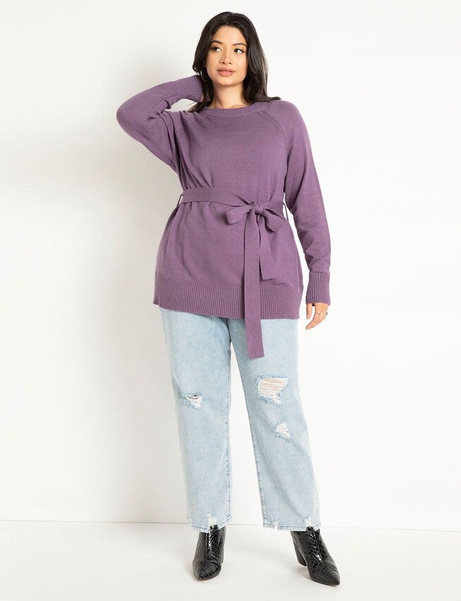 Relaxed Tunic Sweater With Belt, PURPLE, alternate image number null