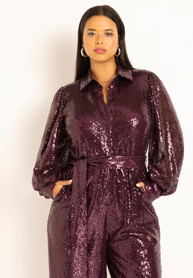 Sequin Jumpsuit With Collar, , alternate image number null