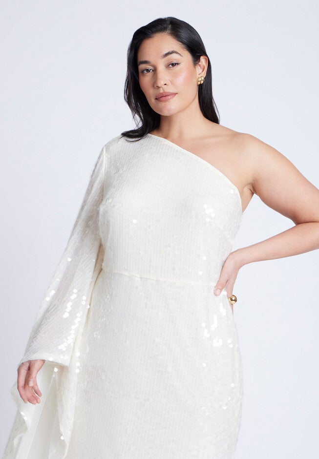 One Shoulder Dramatic Sleeve Dress, COCONUT MILK, alternate image number null