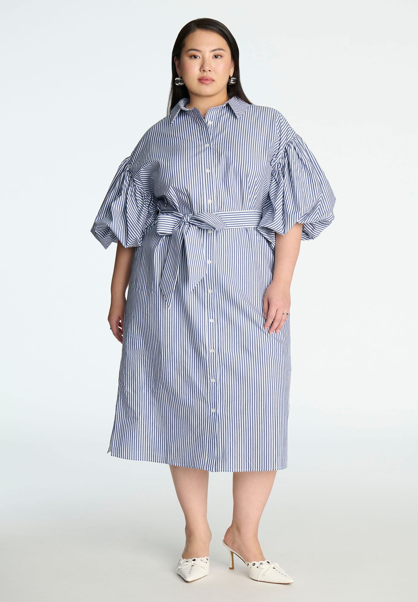 Balloon Sleeve Shirt Dress for Women - Relaxed Fit, White Balloon Sleeve Shirt Dress for Women - Relaxed Fit, White