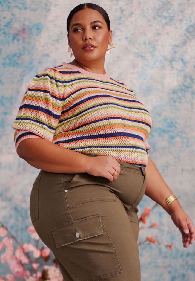 ELOQUII Elements Puff Sleeve Stripe Sweater, SPRING MULTI STRIPE, hi-res image number null