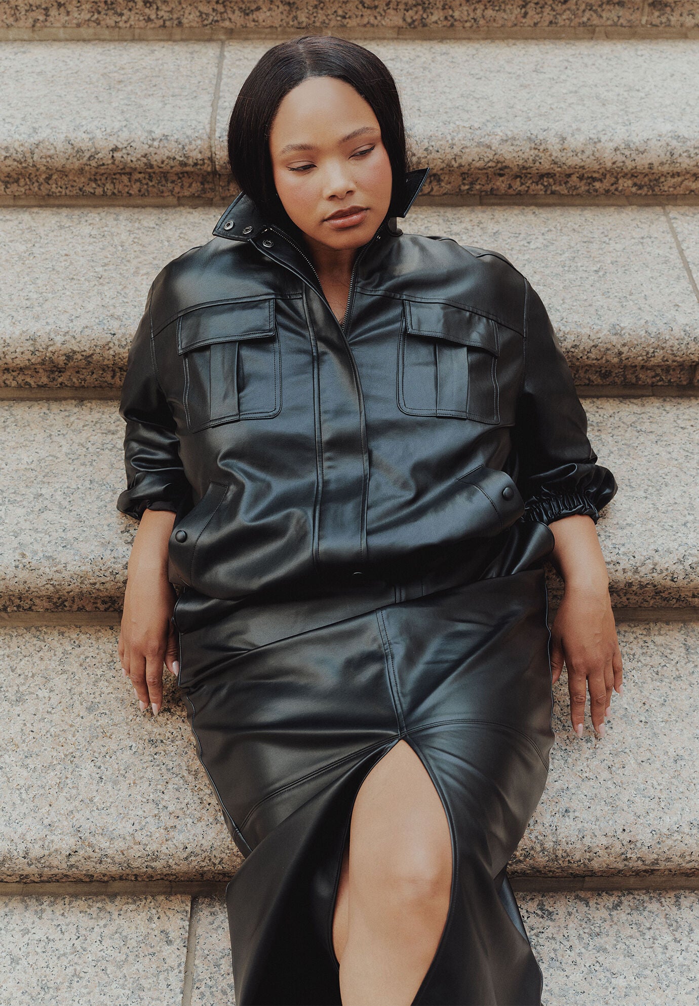 Faux Leather Funnel Neck Jacket