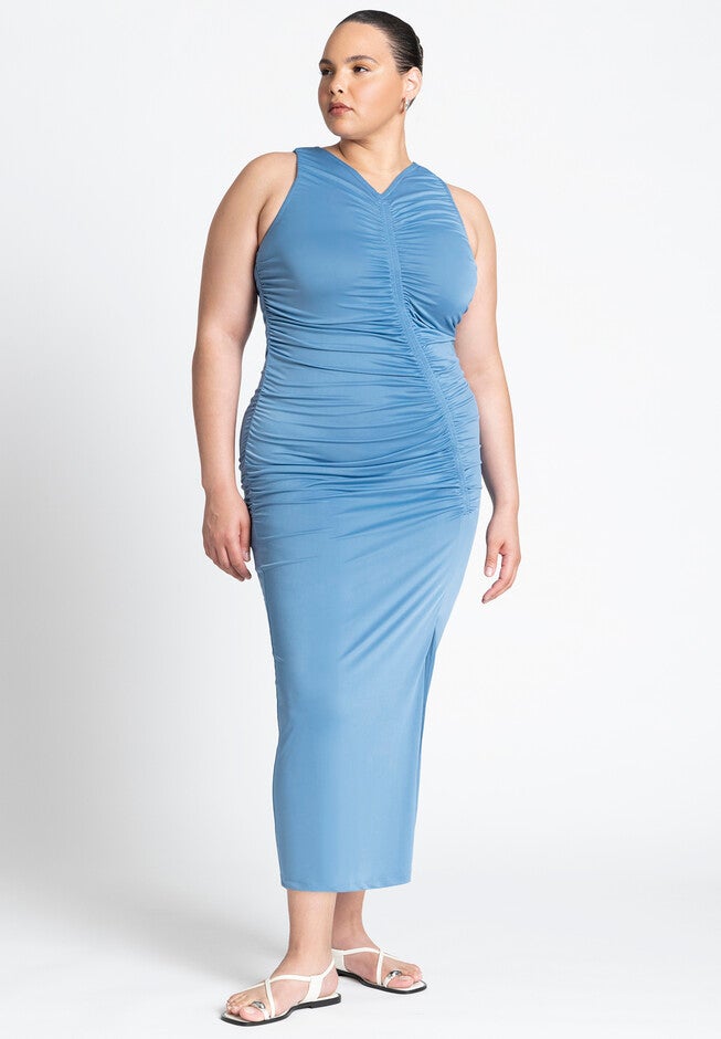 Ruched Dress W Slit, BLUE SHADOW, hi-res image number null