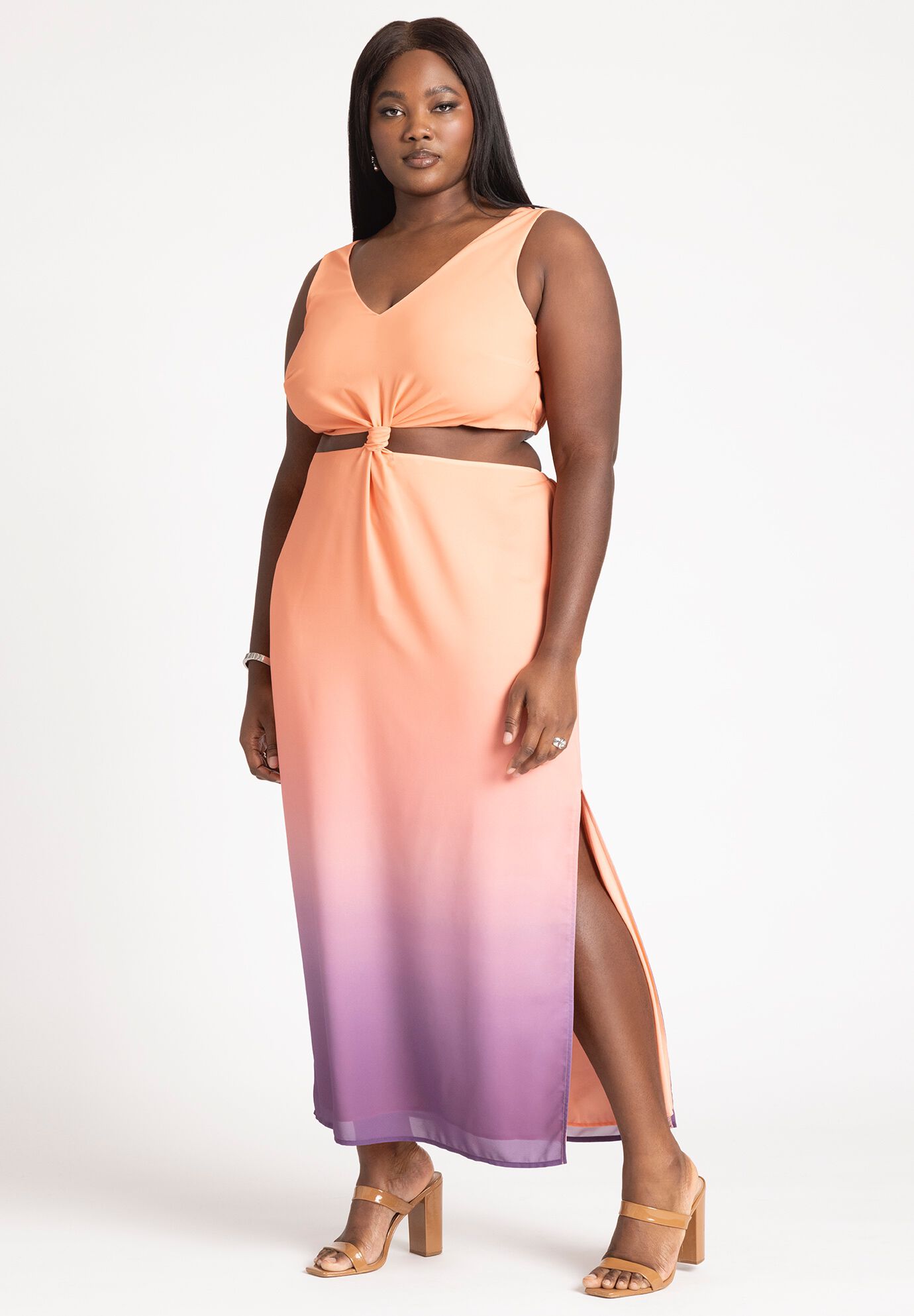 Plus Size V-neck Slit Elasticized Waistline Dress