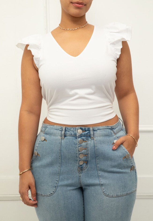 ELOQUII Elements Knit Flutter Sleeve Tie Back Crop Top, WHITE, hi-res image number null