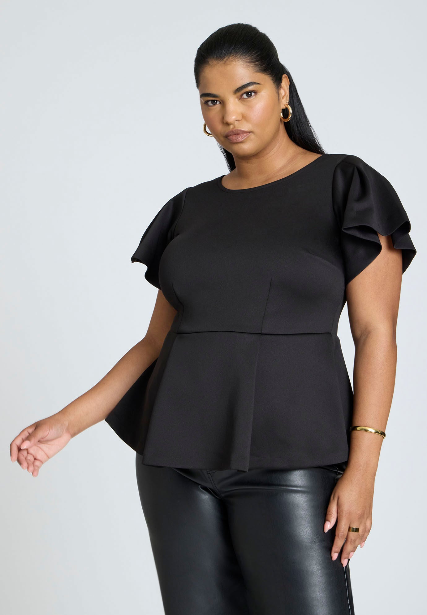 Flare Sleeve Peplum Top for Office Wear Black