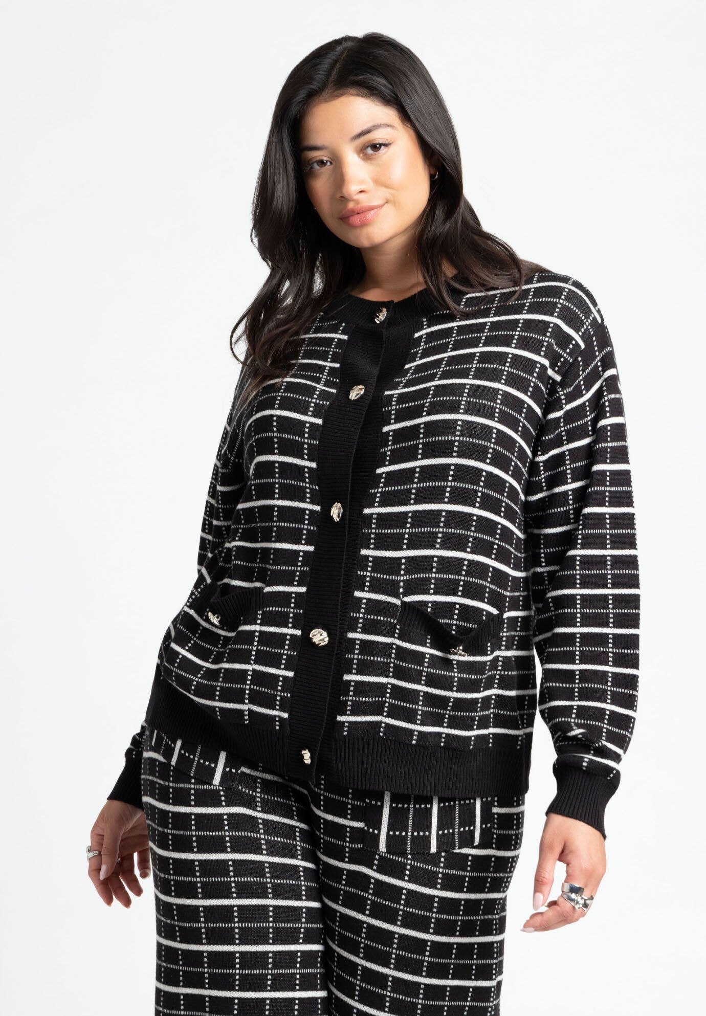 Knit Houndstooth Cropped Jacket with Patch Pockets, Black White Plaid ...