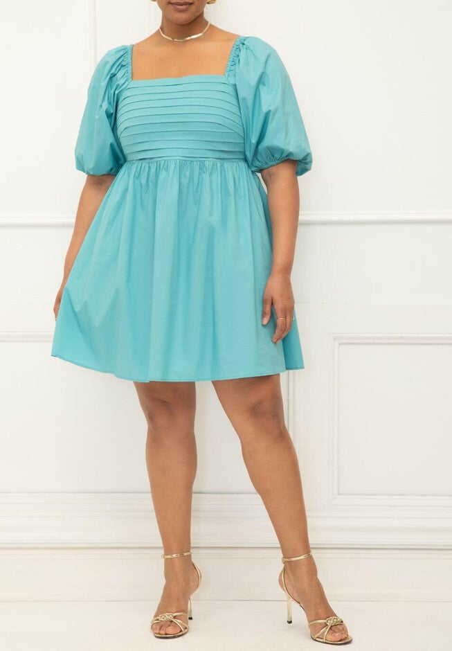 ELOQUII Elements Puff Sleeve Pleated Bodice Dress, PORCELAIN, hi-res image number null