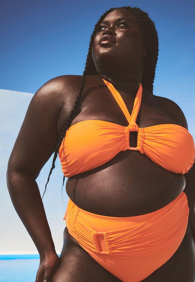 Gabi Fresh Swim x ELOQUII Halter Tie Bikini Top, VIBRANT ORANGE, hi-res image number null