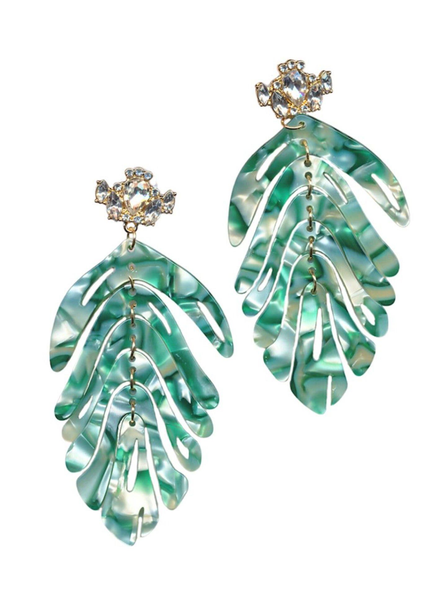 Oversized Palm Leaf Earrings, GREEN + GOLD, hi-res image number 0