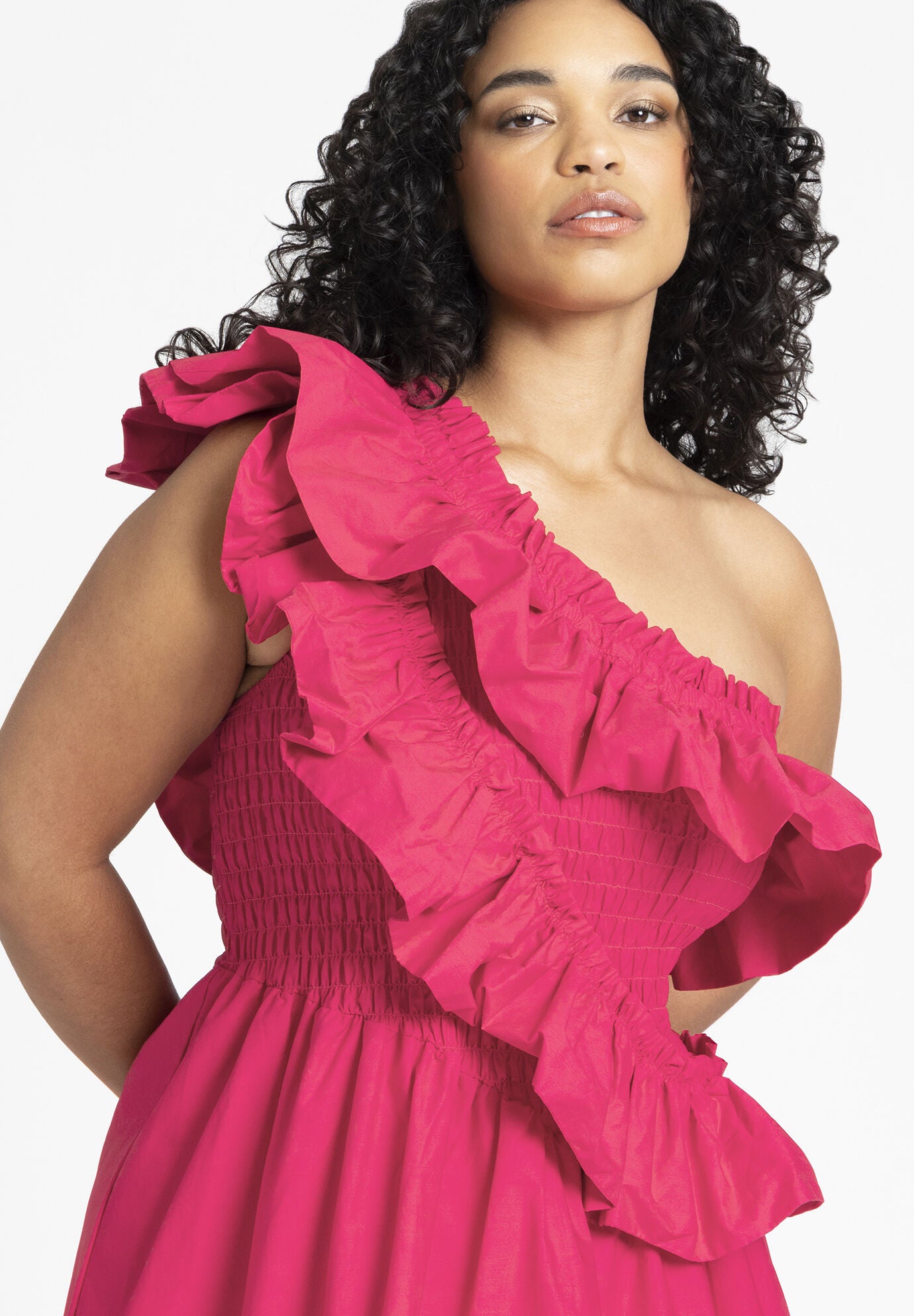 One Shoulder Maxi Dress with Ruffle Trim Jazzy Pink Eloquii