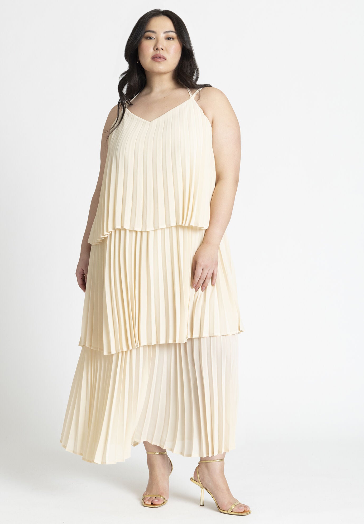 Pleated Layered Maxi Dress with Adjustable Straps Frosted Toffee Eloquii