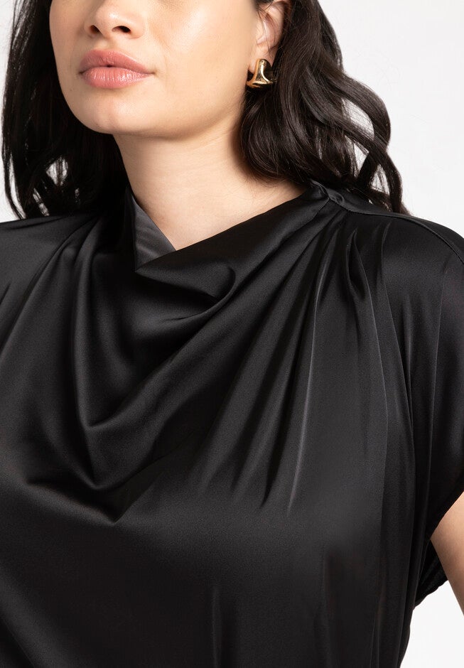 Pleat Detail Satin Shirt, BLACK ONYX, alternate image number null